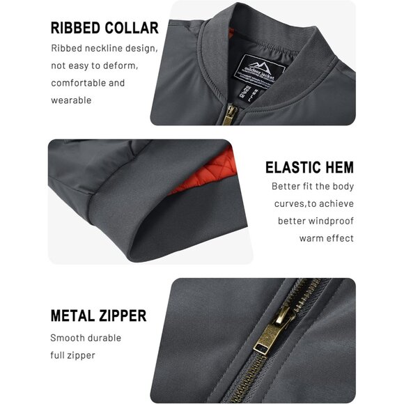 Tacvasen Mens Grey Bomber Winter Warm Padded Work Coat Casual Windproof Jacket - Picture 5 of 6